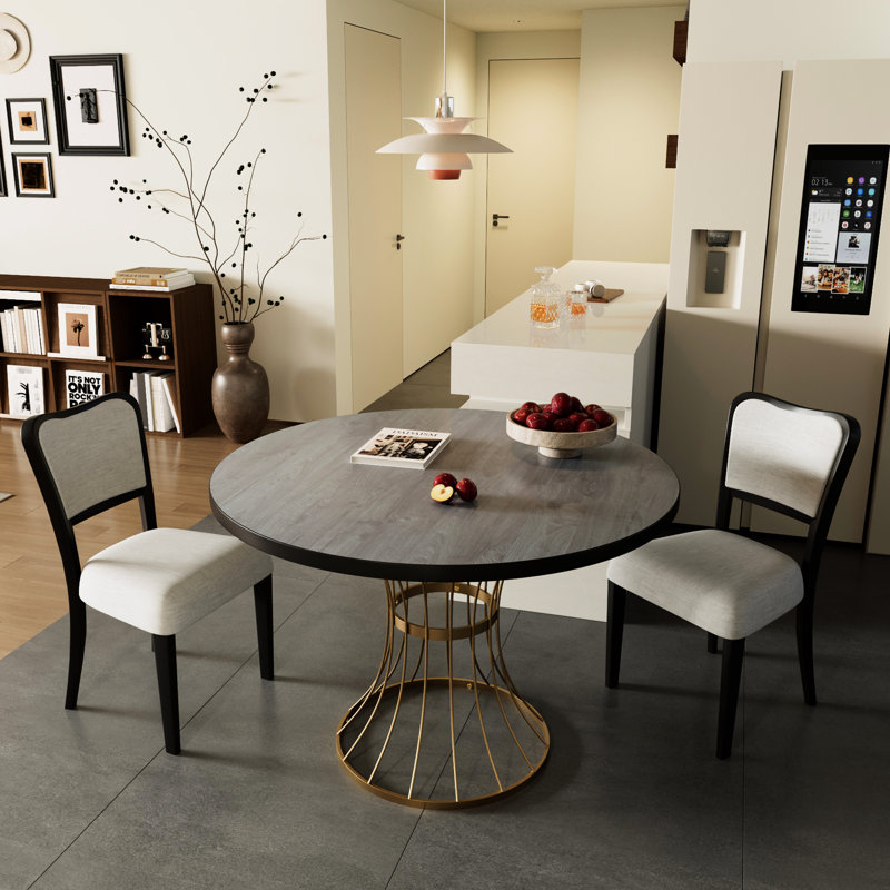 Table de salle à manger ronde en chêne foncé de 42 pouces avec table en placage d'apparence en bois massif, 2 chaises rembourrées en noyer, base en fer robuste, coin cuisine et base pour coin, style
