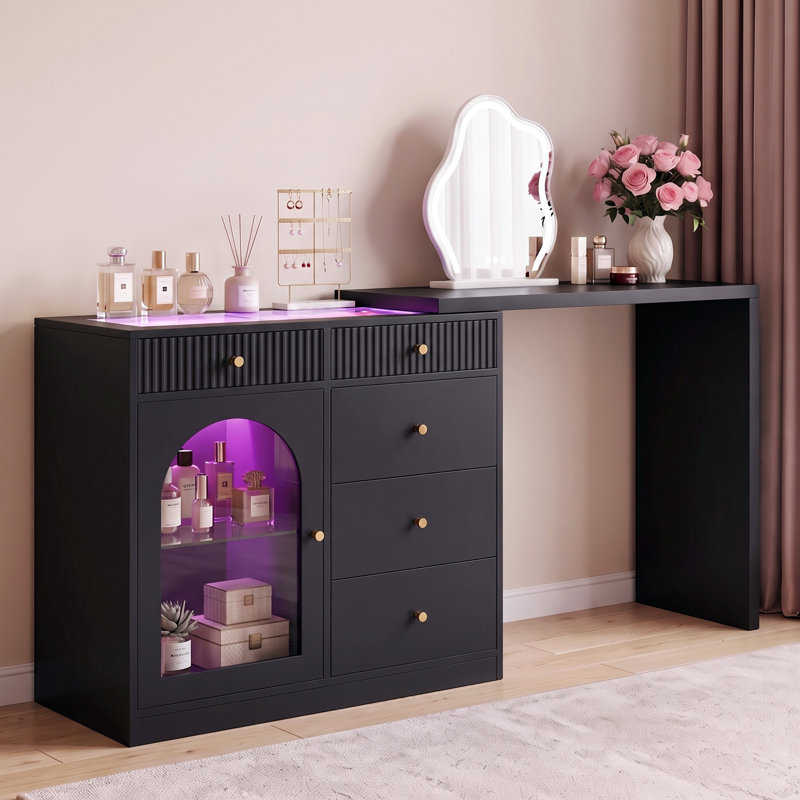 Meuble-lavabo extensible 3 en 1 avec lumières DEL, 5 tiroirs et vitrine en acrylique - Table de maquillage en forme de L avec façade cannelée et télécommande