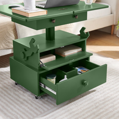 Table de bout roulante à hauteur ajustable laquée ultrabrillante avec station de charge et roues universelles avec freins, table à plateau relevable multifonctionnelle avec tiroirs de rangement pour la chambre à coucher du salon