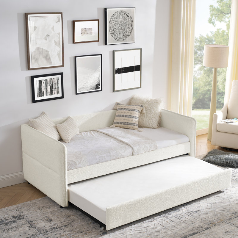 Lit de jour rembourré beige avec couchette Boucle, taille simple, 83 po x 43 po x 29,5 po, rayures verticales, sommeil confortable, idéal pour les salles familiales Tissu à l'arrière, sièges, bureaux appropriés