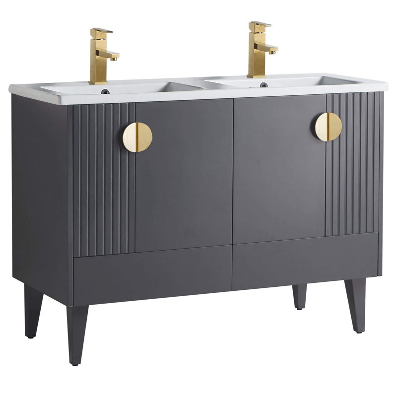 Ensemble de meuble-lavabo double 47 po Saimah, Gris roche, Laiton satiné