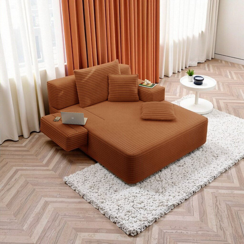 Chaise longue convertible Resta en velours côtelé duveteux avec poches de rangement et 3 coussins, Orange