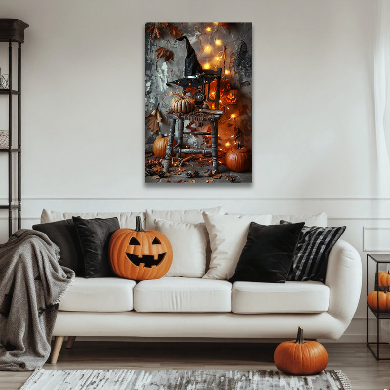 Art mural vertical sur toile sorcière chapeau citrouille rustique Moody Halloween, 24" H x 16" W