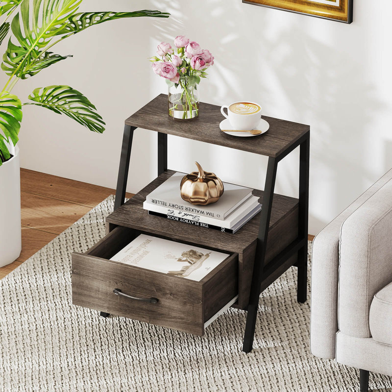 2 PCS Nightstand with Drawer Farmhouse 3-Tier Bedside Table with Open Shelf End Table