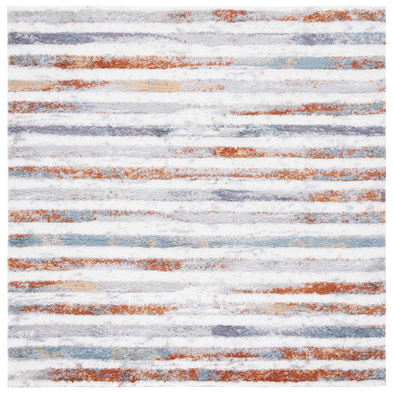 Joua Striped Blue Rust/Ivory Area Rug, Square 7'