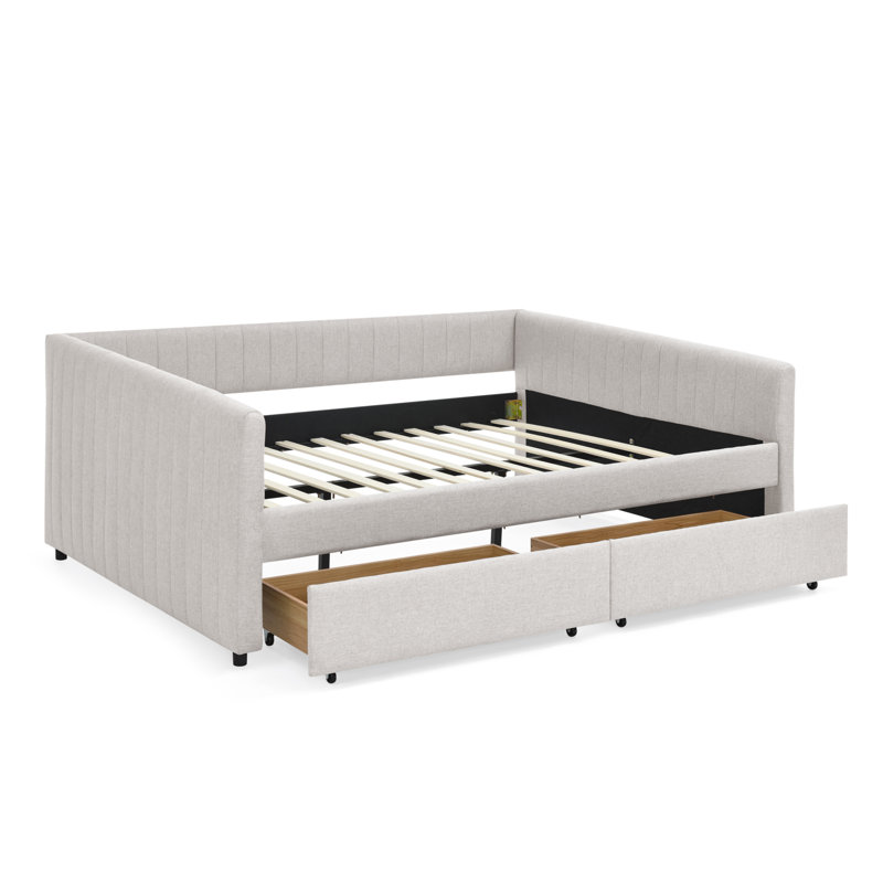 Queen daybed: upholstered sofa bed, two-drawer trundle, vertical stripes, linen fabric (86.5"x65"x30"), Beige