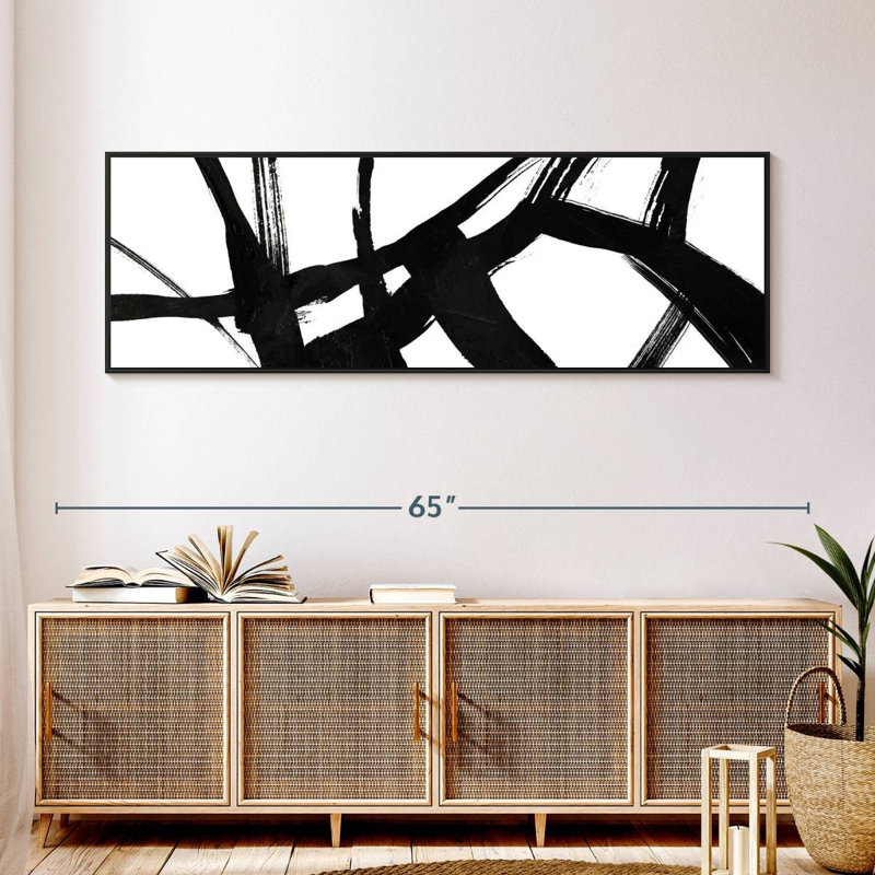Encre noire stries V, 57 po x 19 po, Cadre flottant noir