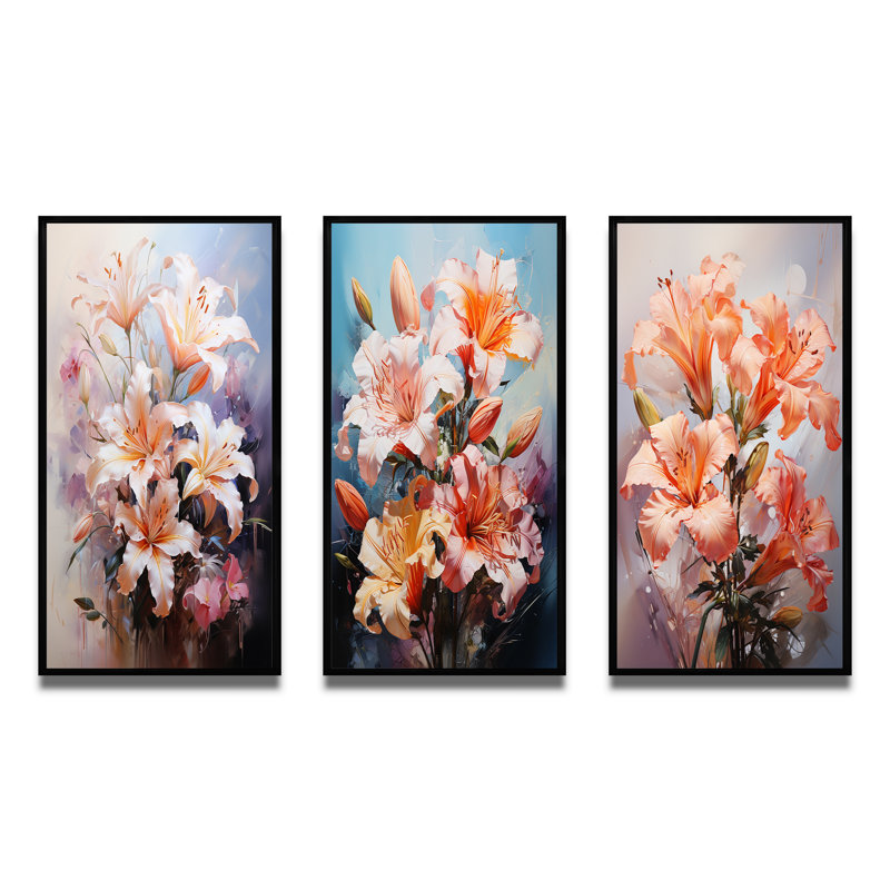 «Pink Lilies Romantic Impression», 3 pièces sur toile, Cadre flottant noir, H 28 po x l 36 po