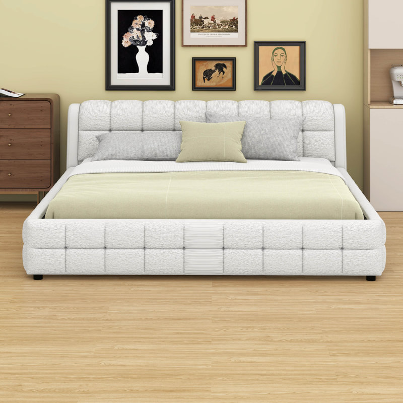 Upholstered King Size Platform Bed Frame, White, King
