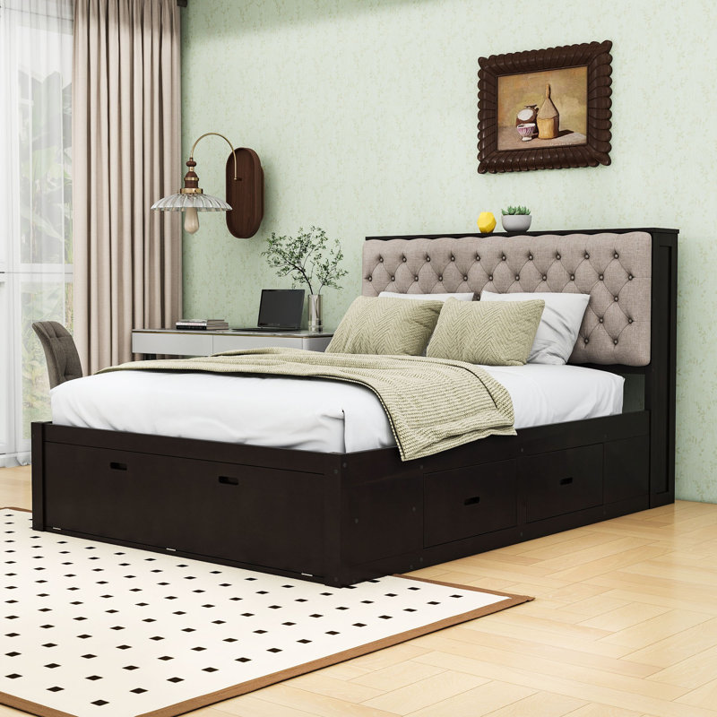 Queen-Size Platform Bed with Upholstered Headboard, Built-in Storage Drawers, Espresso