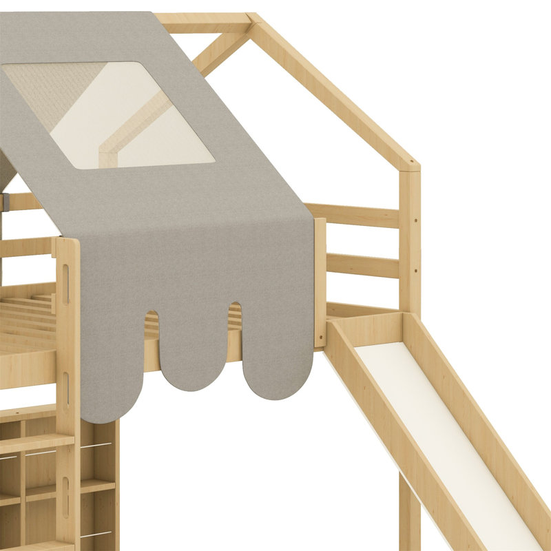 Cadre de lit mezzanine en bois avec tente, Double, Naturel / Beige