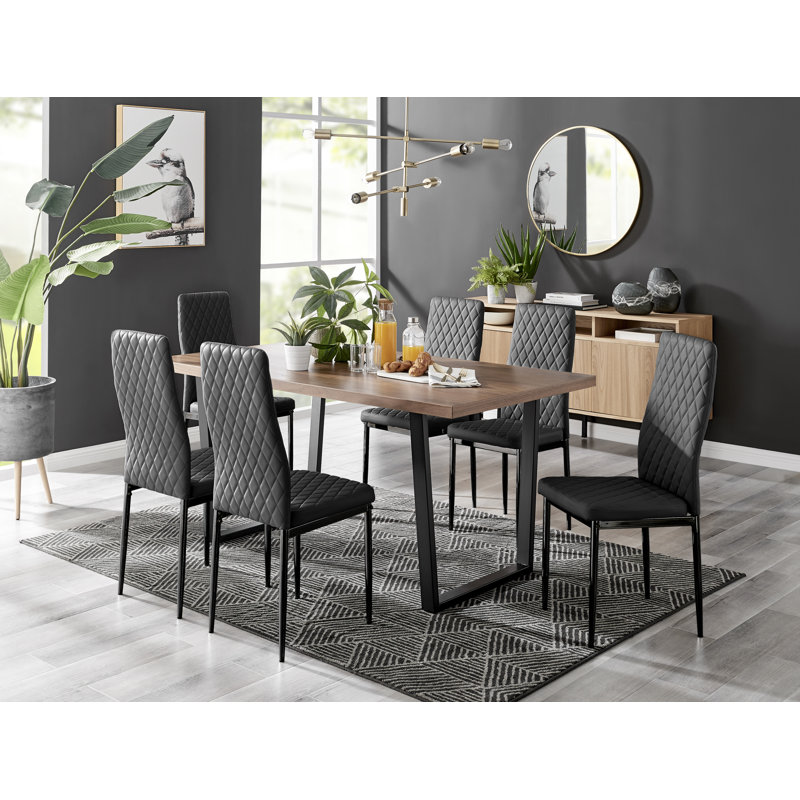 Kylooe Modern Brown Wood And Black Metal Dining Table Set With 6 Quilted Faux Leather Dining Chairs, Black/Black