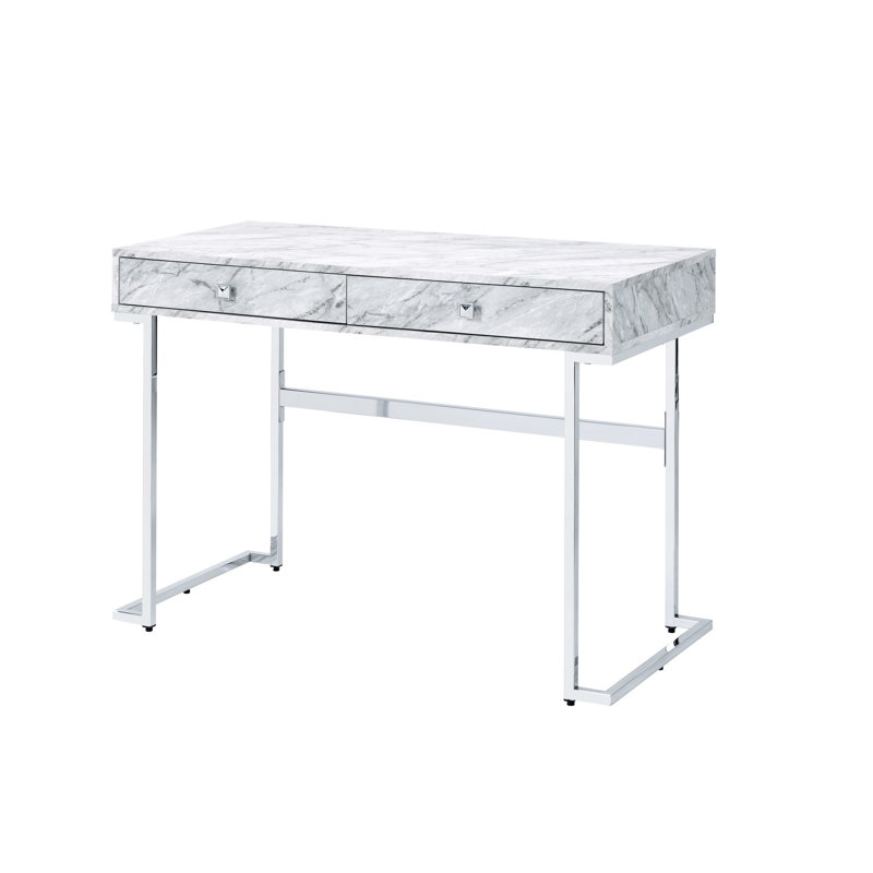 Contemporary White Marble-impression Writing Desk With Elements And Functional Storage Sophisticated Table Marble-effect Surface Base