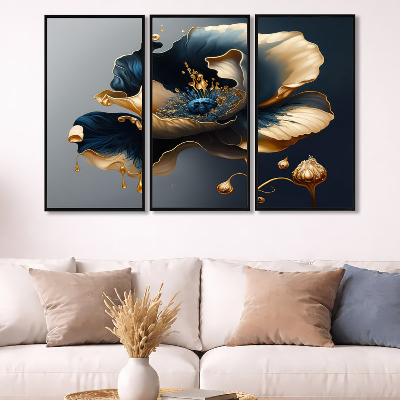 Bleu profond et fleur simple II - imprimé 3 pièces, H 28 po x l 36 po, Cadre flottant, Noir