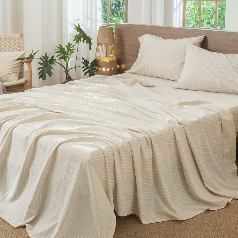 Moomee Striped Flat Sheet 100% Washed Cotton Linen Like Textured Breathable Lightweight, Queen Flat Sheet