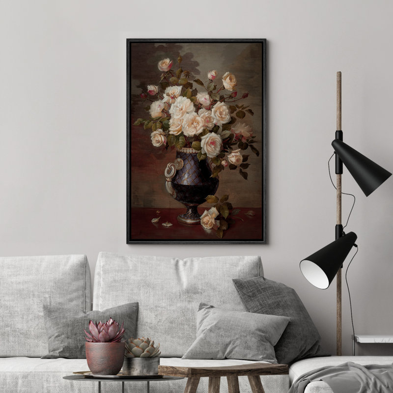 Bouquets de roses dans le vase, illustrations botaniques rétro, campagne française rustique, Noir, H 24 po x l 16 po