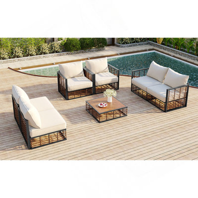Modern Minimalist 7-Piece Metal Patio Sectional Sofa Set, All-Weather Garden Conversational Furniture Set With Thick Cushions And Coffee Table For Indoor Outdoor, Gray