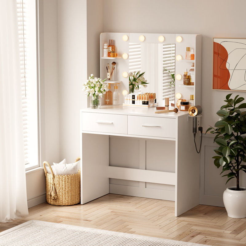 Makeup Vanity Desk with Chair, Adjustable Lights, Power Outlet and Mirror, White, Yes
