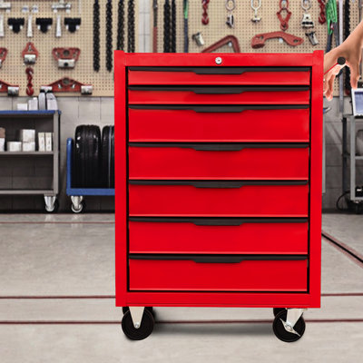 Red 7 Rolling Tool Chest Cabinet - Metal Box With Locking Mechanism For Warehouse Cart Wheels And Cylinder Lock Work Shop