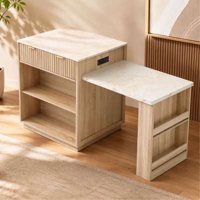 Îlot de cuisine cannelé K&K de 210 cm avec table à manger extensible pour 4 à 6 personnes, table d'îlot avec prise électrique, table de cuisine avec rangement double face, 2 tiroirs et 2 étagères latérales ouvertes.