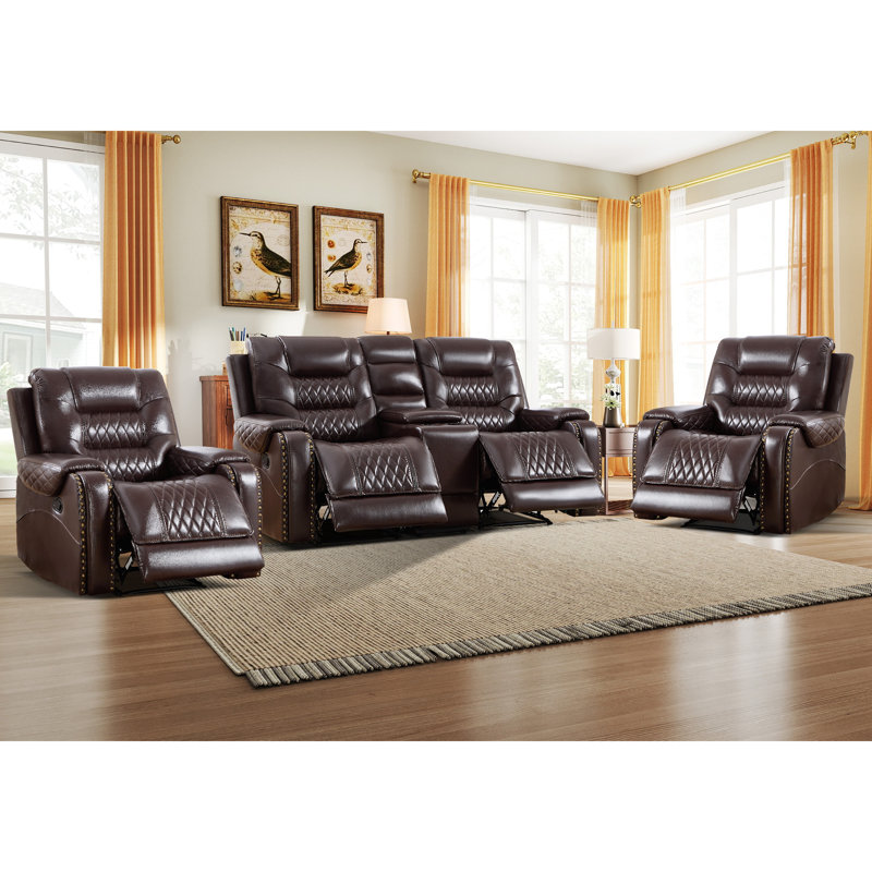 Ensemble de salon inclinable manuel en similicuir 3 pièces avec console de rangement et porte-gobelets, Marron foncé