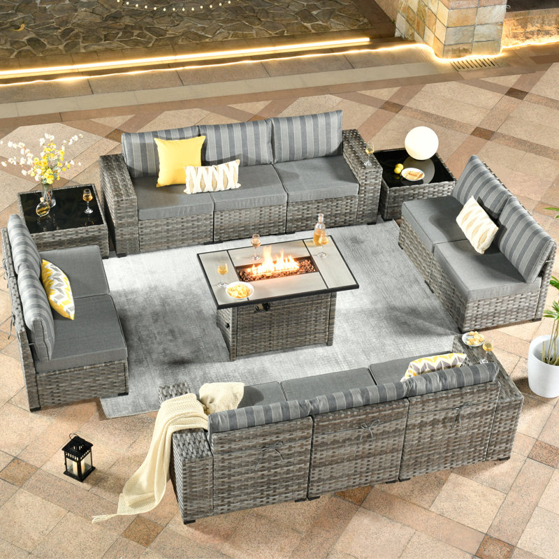 Evanna Wicker 10 - Person Patio Conversation Set with Cushions, Striped Gray