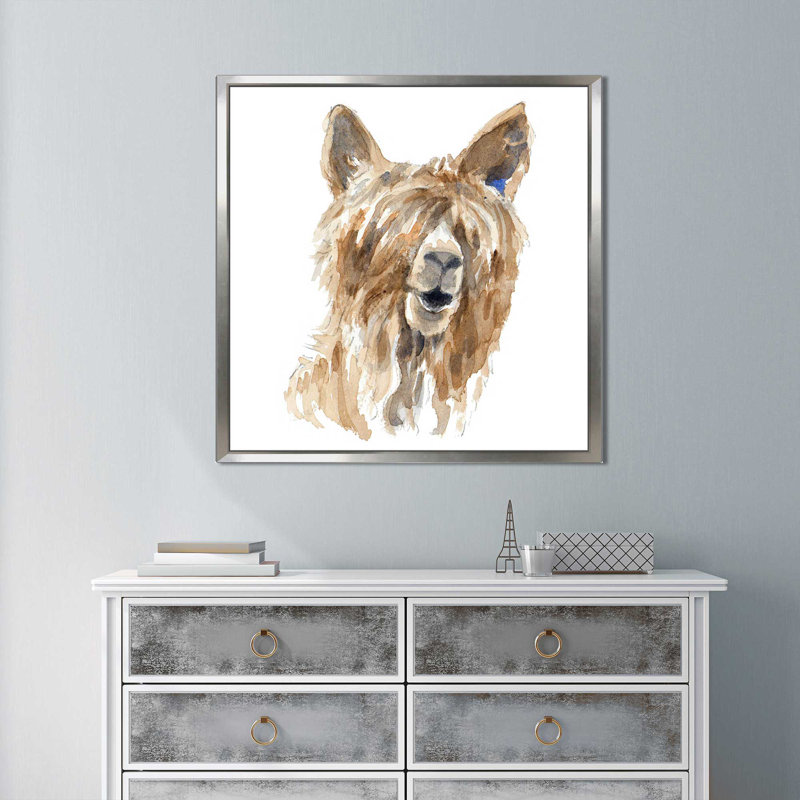«Shaggy Llama», reproduction de peinture à l'aquarelle, H 21,5 po x l 21,5 po x P 2 po, Cadre flottant argent