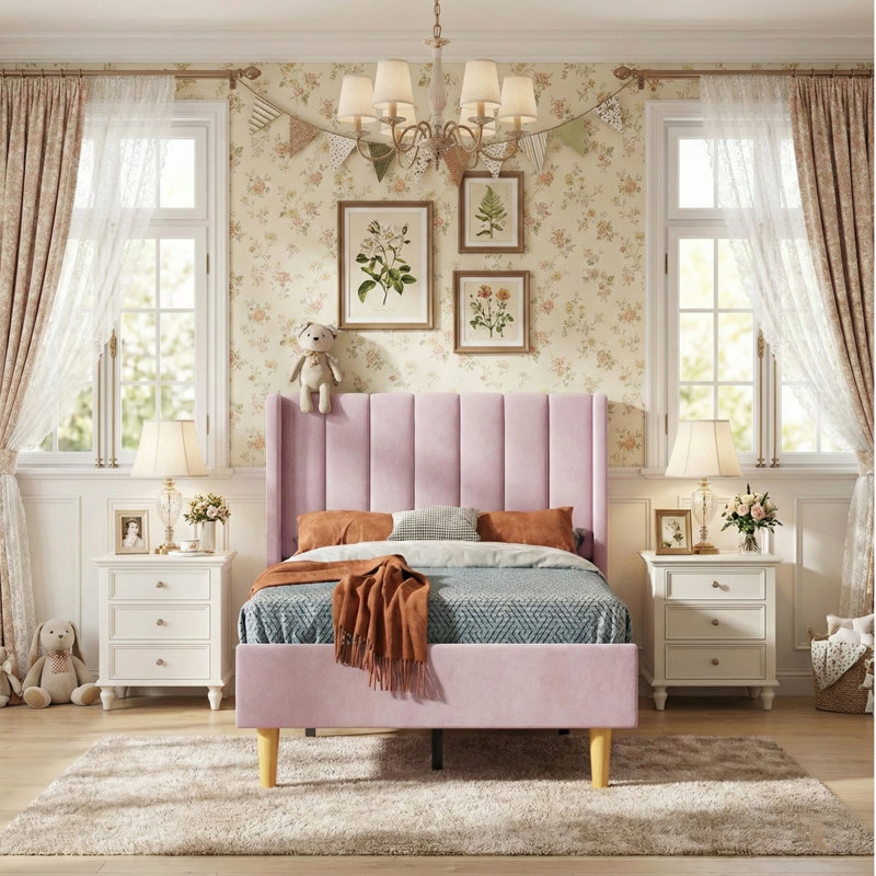 Base de lit tapissier avec tête de lit à oreilles Deeb, Velours rose, Simple