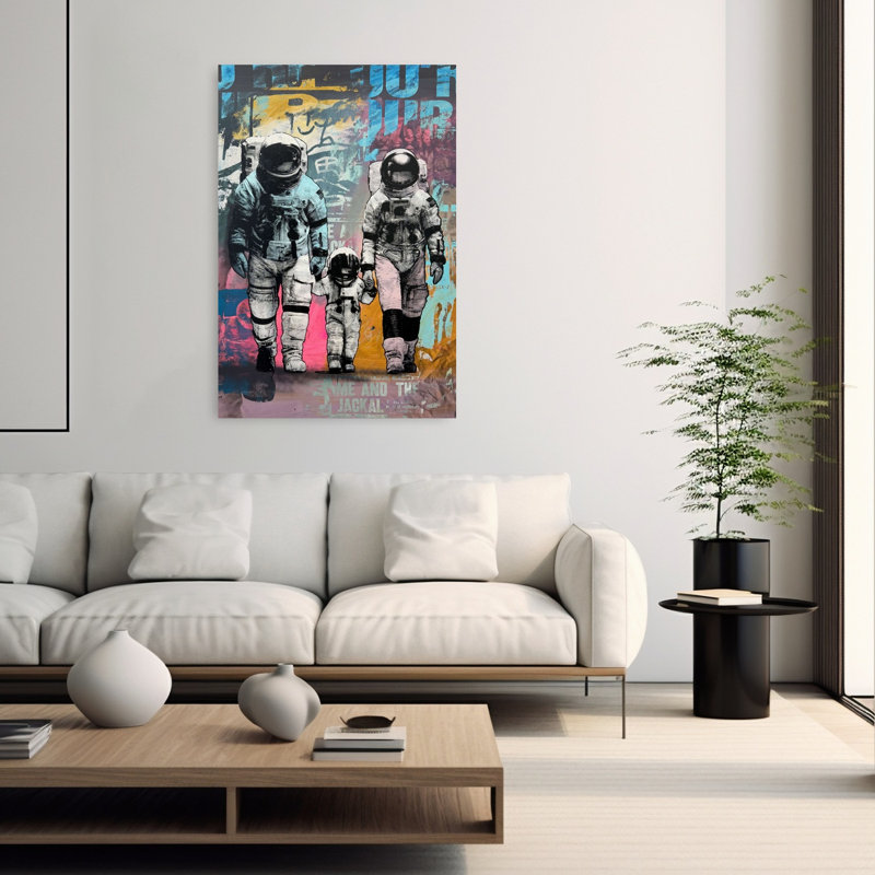 Astronaut Family Walk Colorful Contemporary Modern Urban Wall Art Print 1 Piece Wrapped Canvas Wall Art