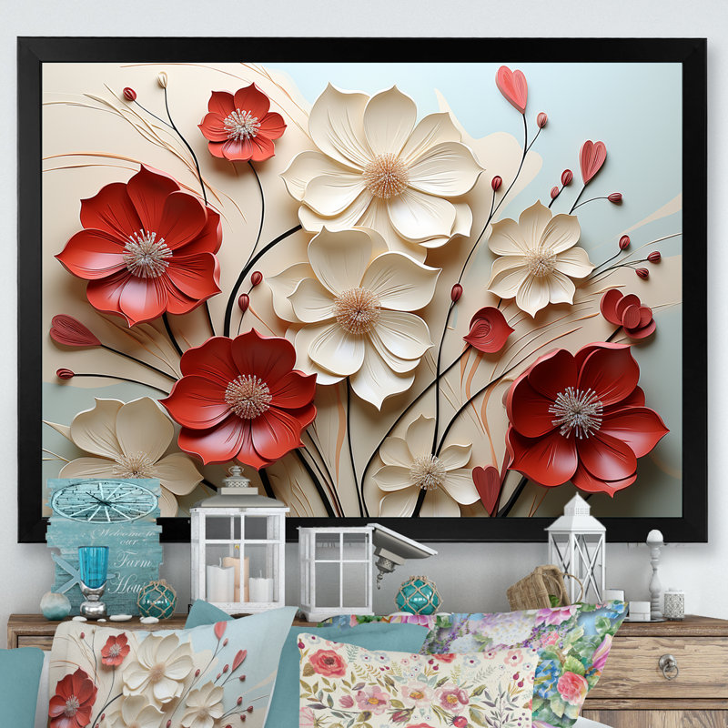 Rouge et blanc cramoisi fleur s Étreinte - art mural fleur, H 24 po x l 32 po, Cadre photo unique, Noir