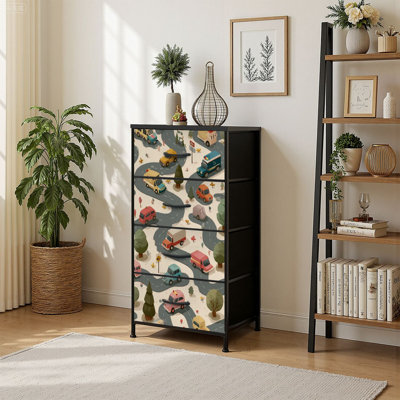 4 Drawer Vertical Storage Dresser Seamless cars traffic signs Childrens City map roads transport with Wood Top Fabric Pull Drawers