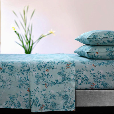 Green Dream 170-GSM Floral Flannel Twin XL Sheet Set - Extra Deep Pocket Cozy Bedding - Soft & Breathable - Katy Collection - KATYSHETWXBL