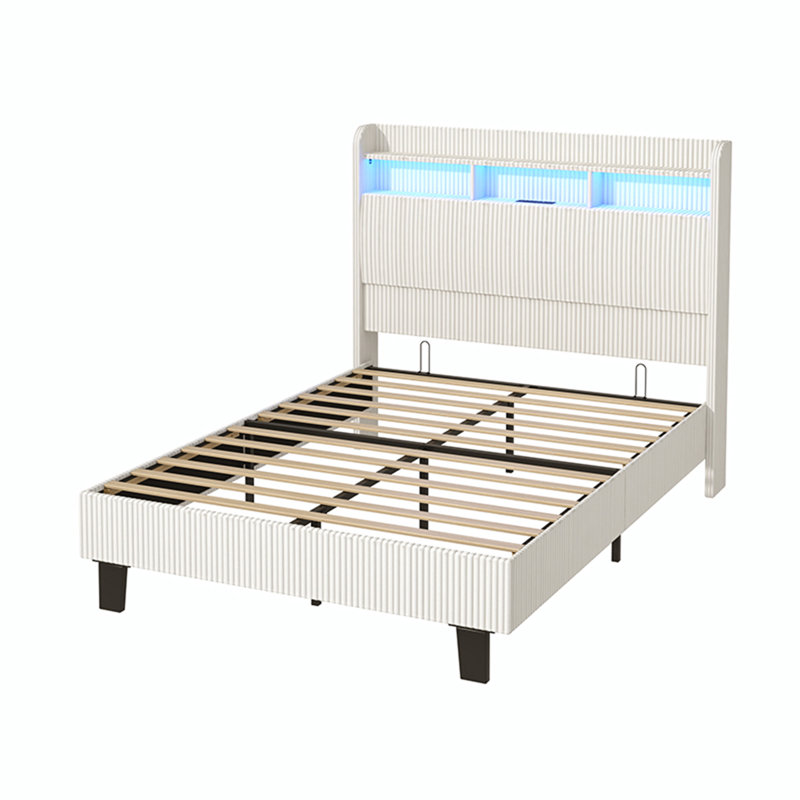 Structure de lit tapissier de très grand lit, tête de lit à oreilles de 55 po avec lumières à DEL RVB, prises de courant et station de charge USB-C, aucun sommier tapissier requis, lit plateforme silencieux