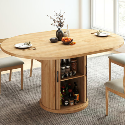 47-63 Inch Extendable Round Dining Table for 4-8 with 2-Tier Storage Shelf, Modern Expandable Wood Oval Kitchen Table, Space Saving Circle Pedestal Table for Dining Room Living Room (Natural Oak)