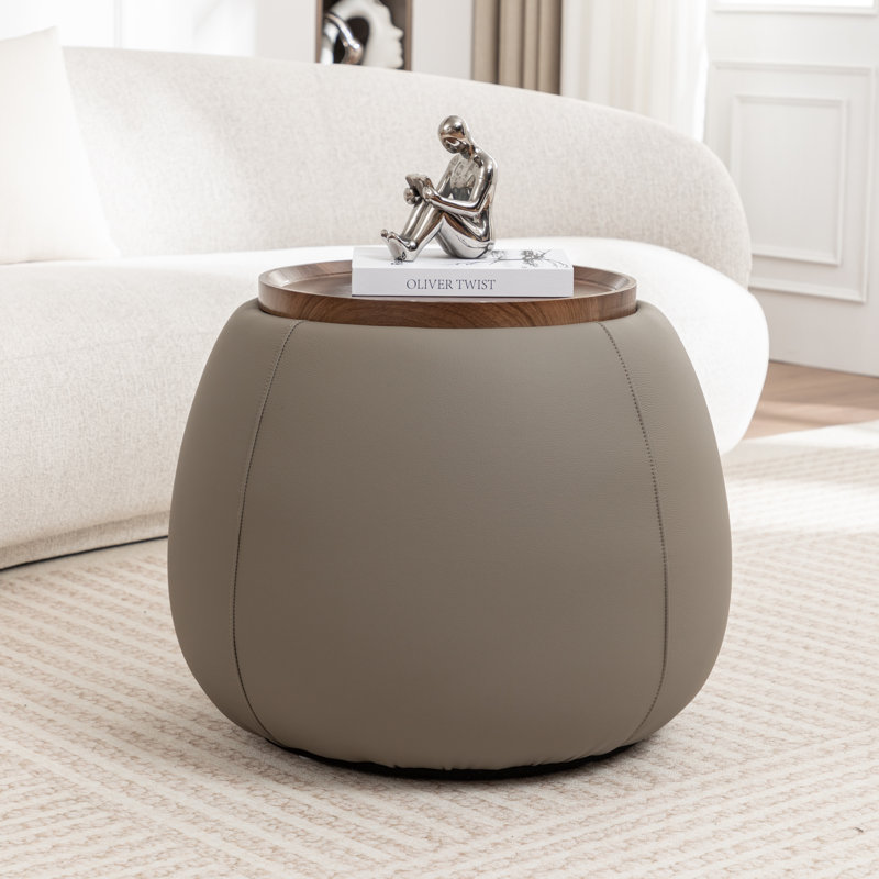Pietsch Upholstered Round Storage Ottoman With Wooden Tray, Dark Gray