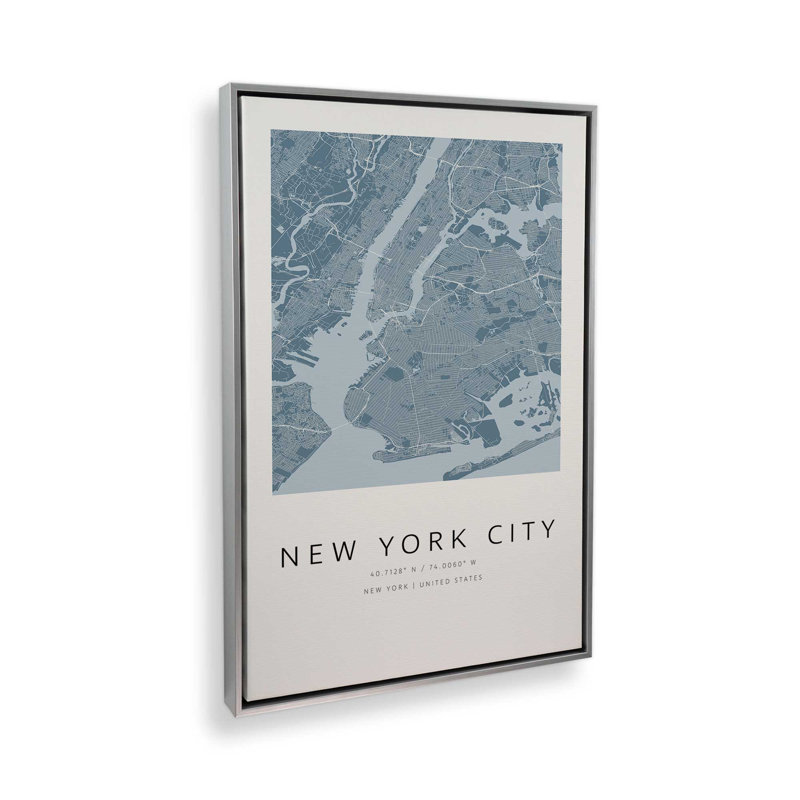 «New Your City Street Map», reproduction d'art sur toile, 32 po x 48 po, Cadre flottant en chrome poli
