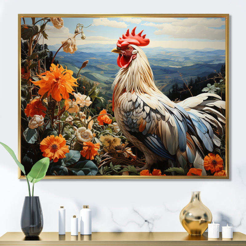 Coq crème avec paysage de fleurs d'oranger, 24" H x 32" W, Cadre flottant doré