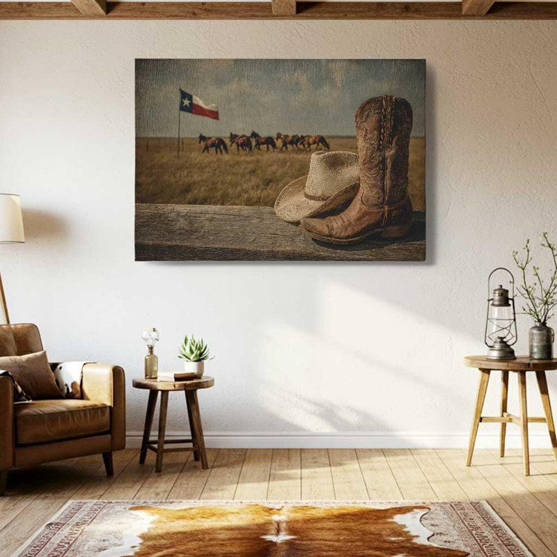 Bottes de cowboy du Texas, art sur toile - ranch de l'Ouest, décor de ferme, H 24 po x l 36 po