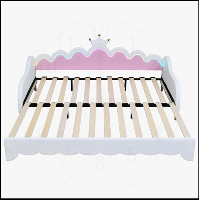 Modern Upholstered Extendable Princess Daybed with Crown Headboard and LED Lights, Perfect for Girls' Rooms and Guest Spaces