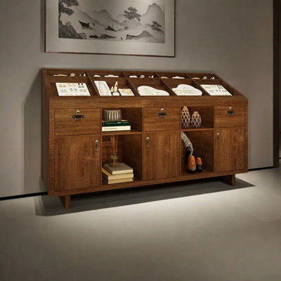 78.74" Dark Brown Solid Wood Display Table with 8 Compartment Top, Lockable Drawers and Cabinets, Open Storage, No Assembly Required