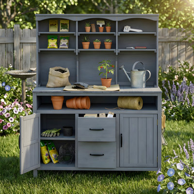 Îlot de cuisine 45,3 po en bois de sapin massif avec tiroirs et crochets pour le jardinage
