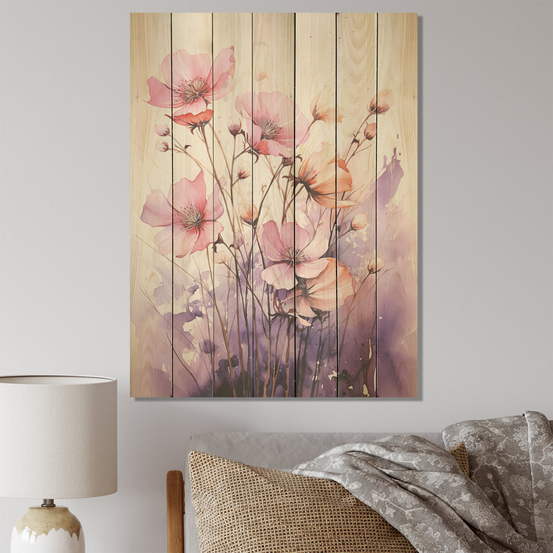 Motif de coquelicots roses et coraux II - coquelicots sur bois, H 40 po x l 30 po