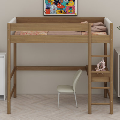Lit mezzanine avec bureau, tête et pied de lit rembourrés avec échelle, barrières de sécurité