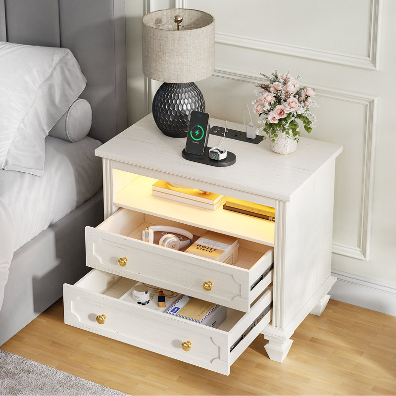 Solid Wood Legs Bedside Table With 2 - Drawer, Charging Station and Motion Sensor Led Light, White