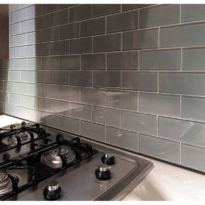 3"X 6" Polished Glass Subway Tile, Gray