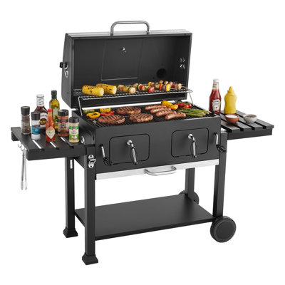 Charcoal Grill, 780 sq.in. Extra-Large Charcoal Barbecue Grill with 2 Liftable Charcoal Trays & Folding Side Tables, High-Temp Powder-Coated Steel BBQ Cooking Grills for Patio Backyard Parties