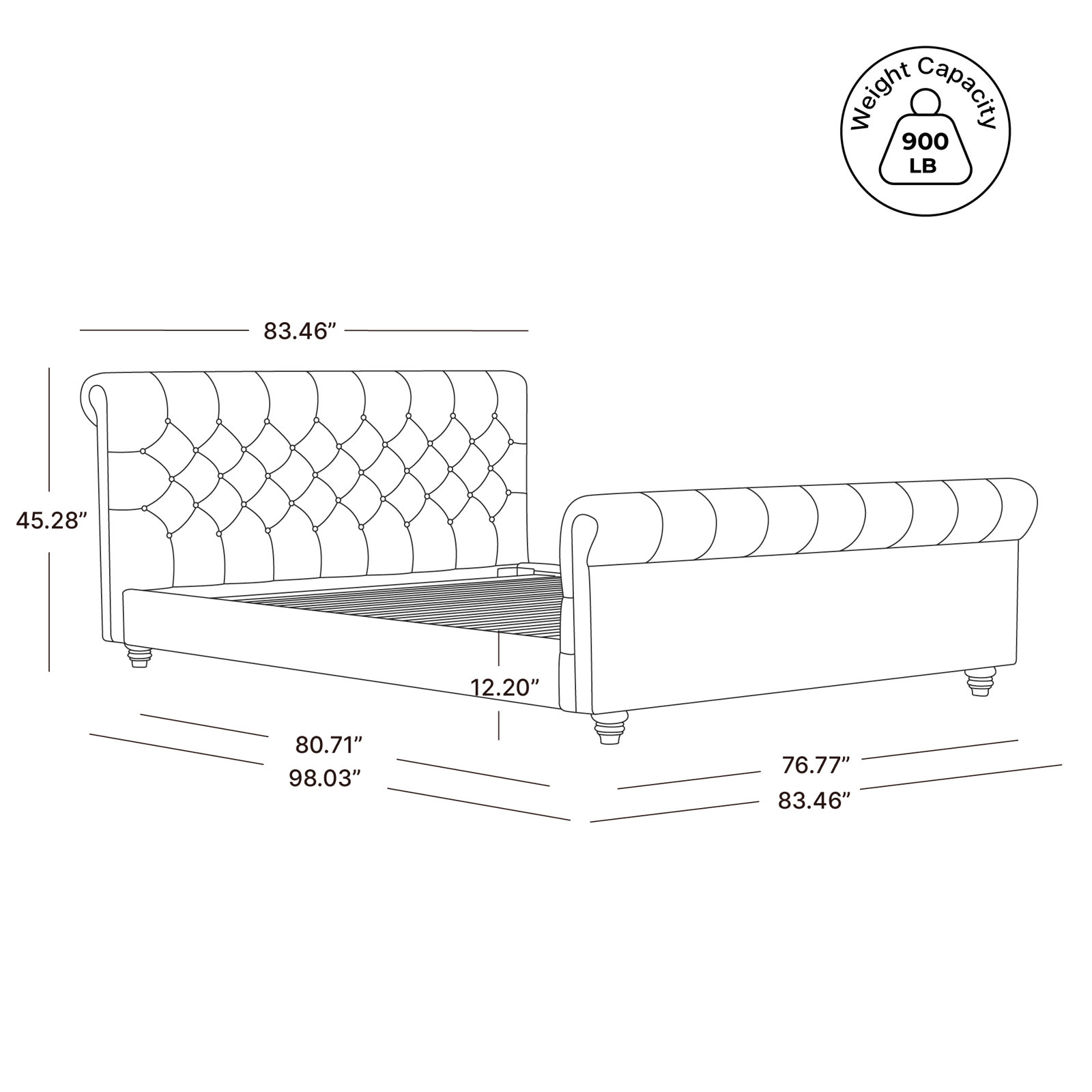Waverly Rolled-Arm Diamond-Tufted Upholstered Platform Bed with Birch Wood Legs, Effie Linen Performance Linen, King