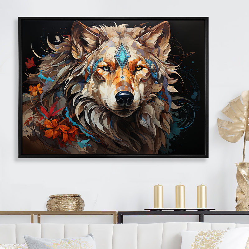 Loup natif de Lakota sur toile, Cadre flottant noir, H 16 po x l 32 po x P 1 po