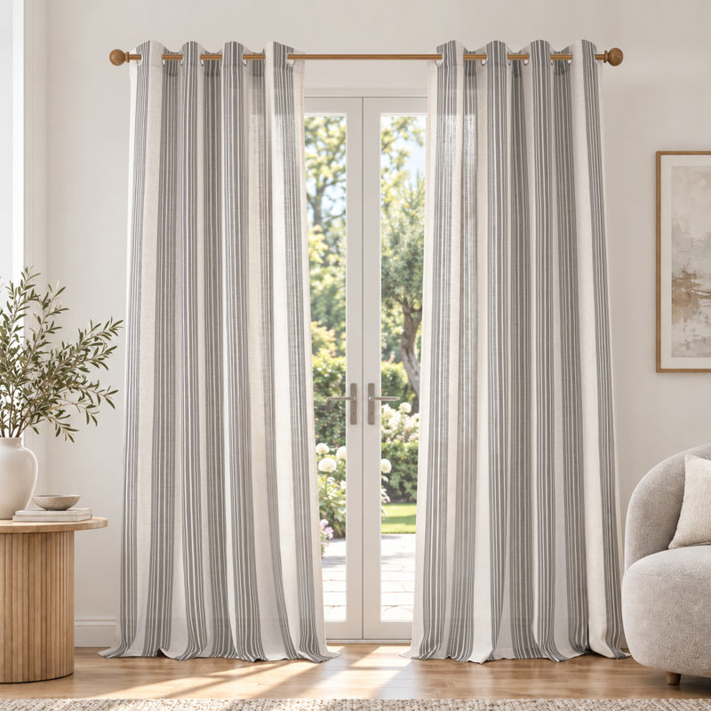 Rideaux semi-transparents en lin avec motif à rayures Chris, Gris, L 52 po x L 108 po