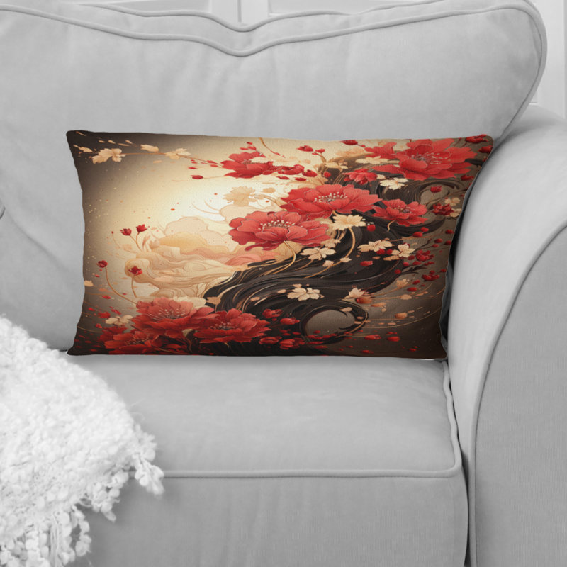 Coussin décoratif rouge sur fond rouge - Chrysanthemums on Branch